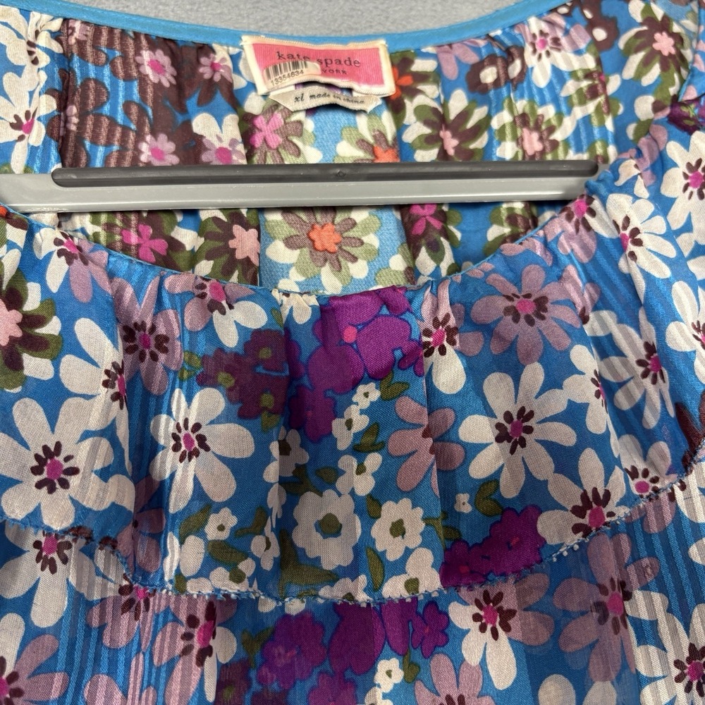Kate Spade New‎ York Size XL Floral 100% Silk Blouse Blue Multicolor Ruffle Neck - Picture 3 of 9